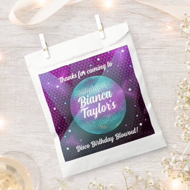 Sacolinha Disco soprado roxo e Festa de aniversário rosa (Cortado)