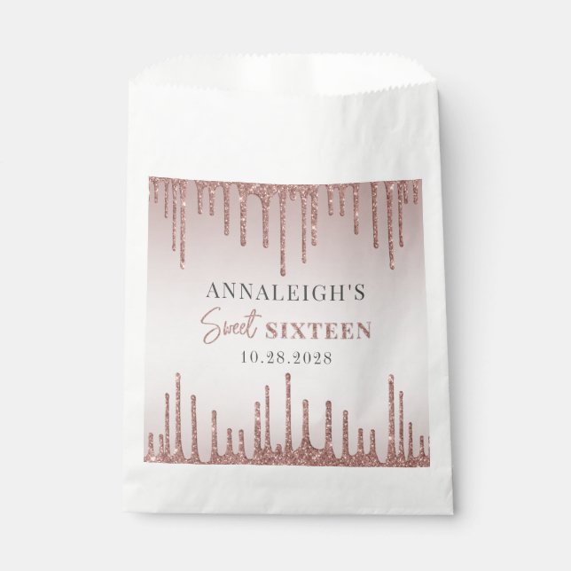 Sacolinha Doce 16 Aniversário - Rosa Dourada Glitter Drip (Frente)