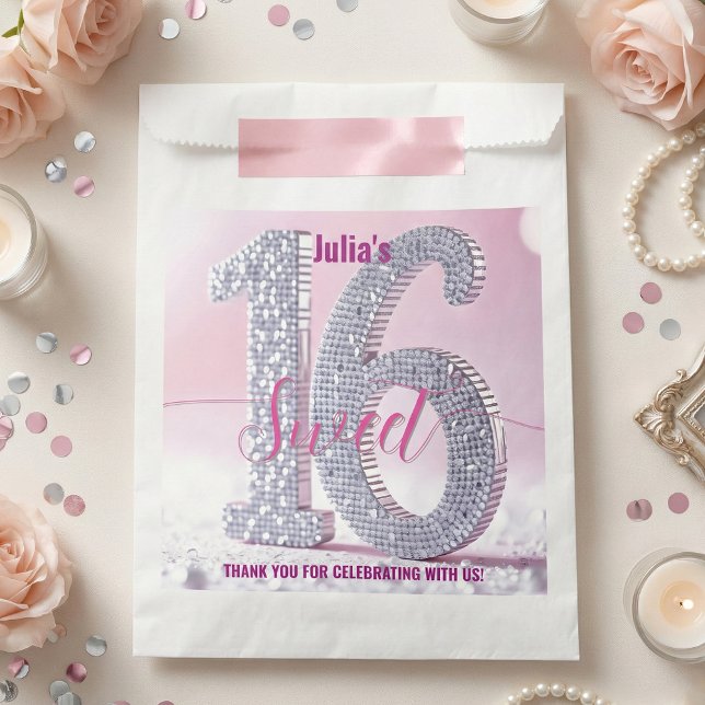 Sacolinha Doce 16 Rosa Prata Brilho Diamante Falso (Criador carregado)