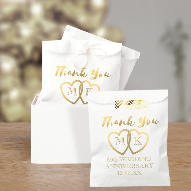 Sacolinha Dourado Corações 50º Aniversário de Casamento Favo (Celebrate your 50th Wedding Anniversary with these favor bags. Just add your details)