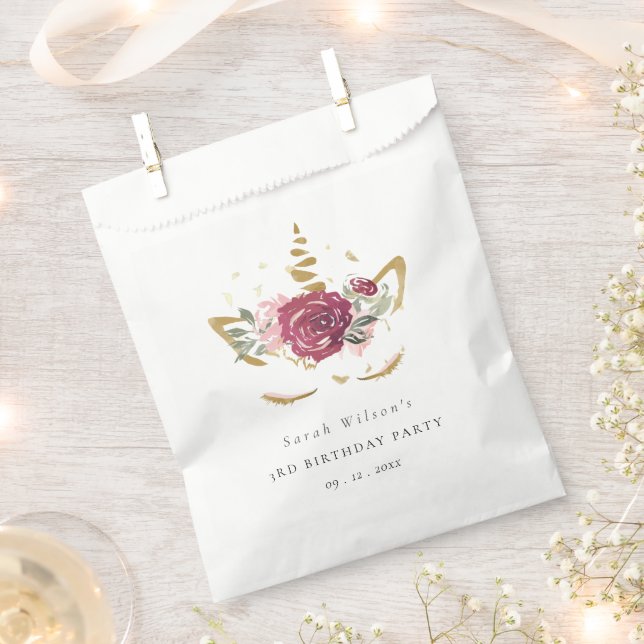 Sacolinha Dourado, Rosa, Rosa, Unicórnio Floral, Qualquer Id (Cortado)