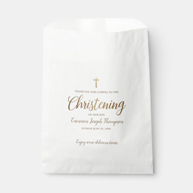 Sacolinha Dourado Script Cross Christening Obrigado Tratar (Frente)