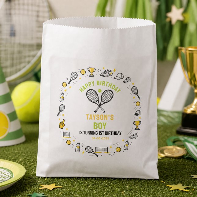 Sacolinha É hora do jogo de tênis de 1º aniversário – Crianç (It’s Game Time Tennis 1st Birthday – Fun Kids favor bag)