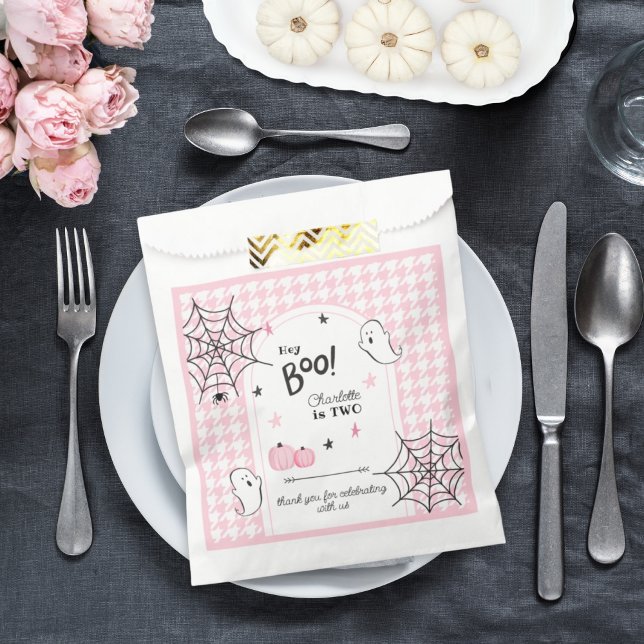 Sacolinha Ei Boo Pink Houndstooth Halloween Segundo Aniversá (Criador carregado)