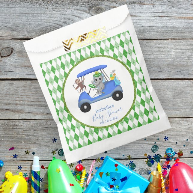 Sacolinha Elefante Bebê Menino e Macaco de Golfe (Fill your baby shower favor bag with candy, soaps, and treats!)