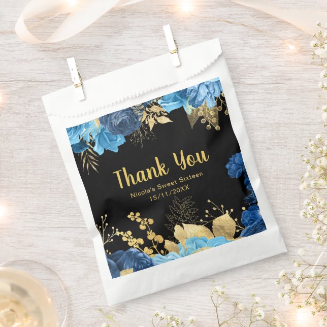 Sacolinha Elegant Blue and Gold Flowers Sweet Sixteen (Cortado)