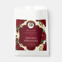 Sacolinha Elegant Burgundy Red & Gold Rose Quinceañera 