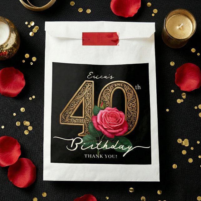 Sacolinha Elegant Chic Black Gold 40th Birthday Red Rose (Criador carregado)