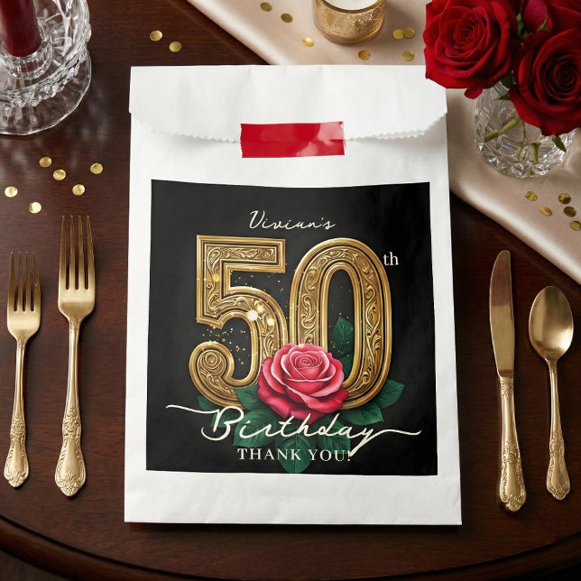 Sacolinha Elegant Glam Black Gold Red Rose 50th Birthday (Criador carregado)