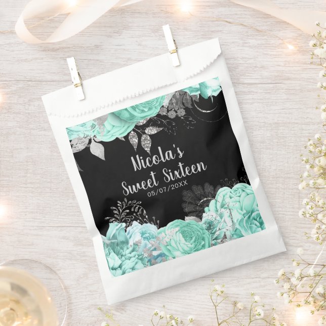 Sacolinha Elegant Green and Silver Flowers Sweet Sixteen (Cortado)