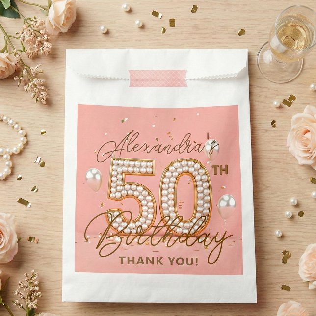 Sacolinha Elegant Pink Gold Pearls 50th Birthday Party (Criador carregado)
