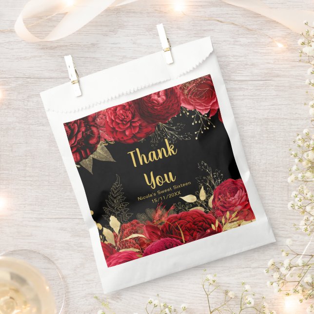 Sacolinha Elegant Red and Gold Flowers Sweet Sixteen (Cortado)