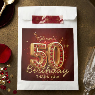 Sacolinha Elegant Ruby Red Gold 50th Birthday Thank You