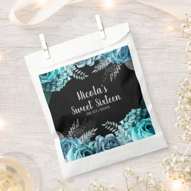Sacolinha Elegant Teal Blue and Silver Flowers Sweet Sixteen (Cortado)