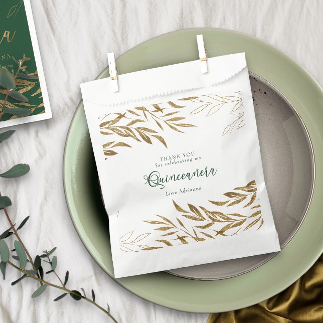Sacolinha Elegante Dourada Leaf Emerald Green Quinceanera (Emerald Green Quinceanera favor bags from my Gold Leaf Quinceanera Collection)