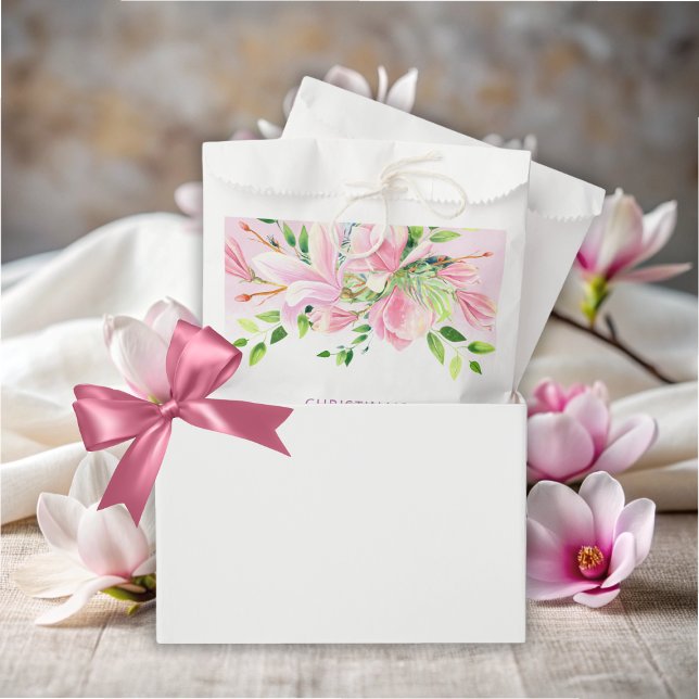Sacolinha Elegante Magnolia Rosa Chá de fraldas de Aquarela (Elegant Pink Magnolia Watercolor Baby Shower Favor Bag)