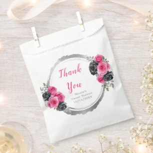 Sacolinha Elegantes Flores Rosa Quente e Prata Sweet Sixteen