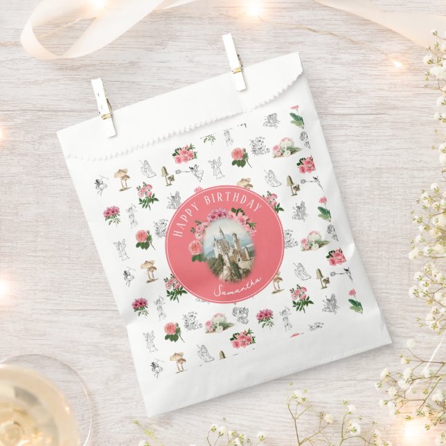 Sacolinha Fairies Pink Floral Mushroom Fairy Castle Birthday (Cortado)