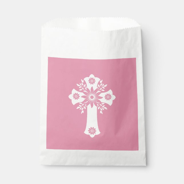 Sacolinha Favor Bags Floral Cross Christening Rose Pink (Frente)