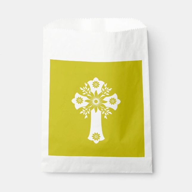Sacolinha Favor Bags Floral Cross Christening Yellow (Frente)