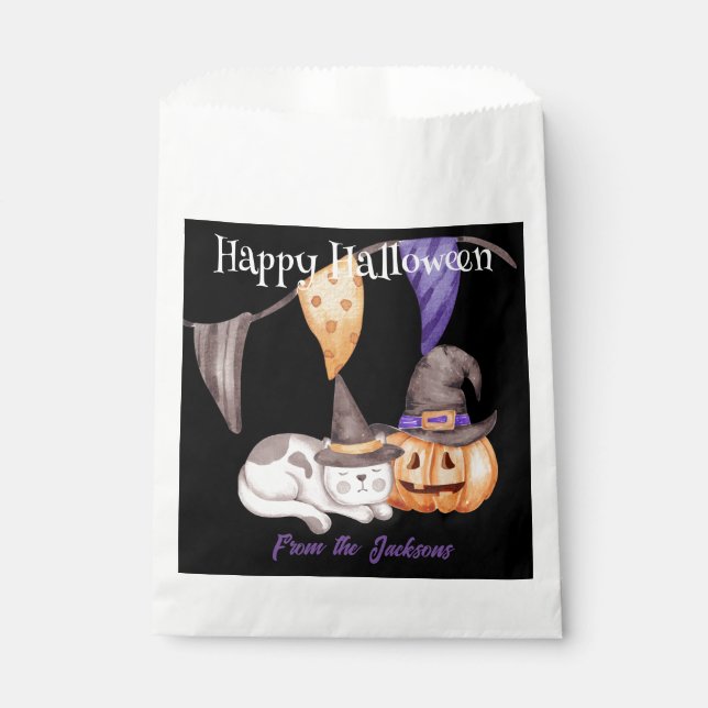 Sacolinha Feliz Halloween Personalizado | GATO E PUMPKIN (Frente)