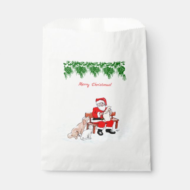Sacolinha Feliz Natal - Papai Noel com Gato e Cachorro (Frente)