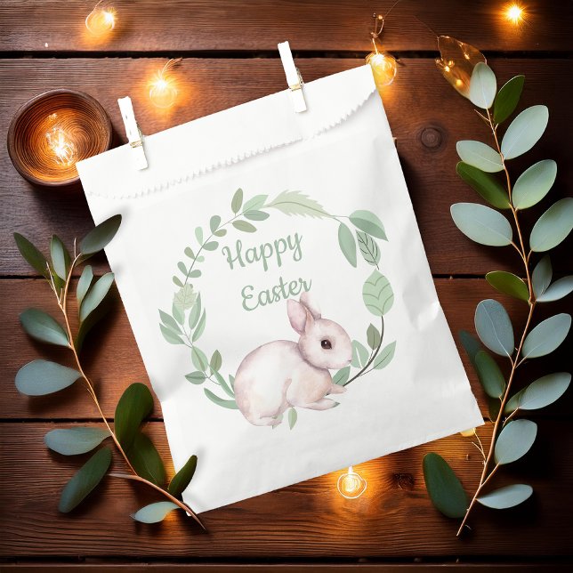 Sacolinha Felz pascoa Coelho Coelho Sage Floral Wreath (Cute Easter Bunny Rabbit and Eucalyptus Wreath Sage Green "Happy Easter" Favor Bags)