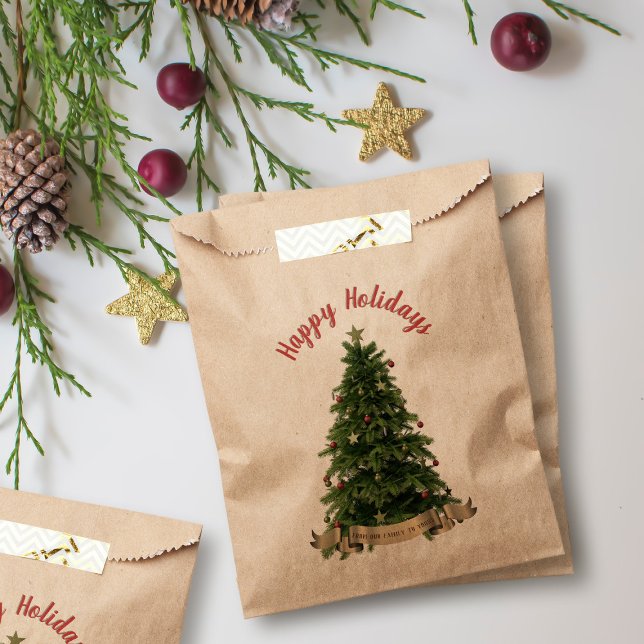 Sacolinha Férias Felizes da Árvore de Natal Elegante Festiva (Happy Holidays! An elegant decorated Christmas tree on these kraft favor bags just for you)
