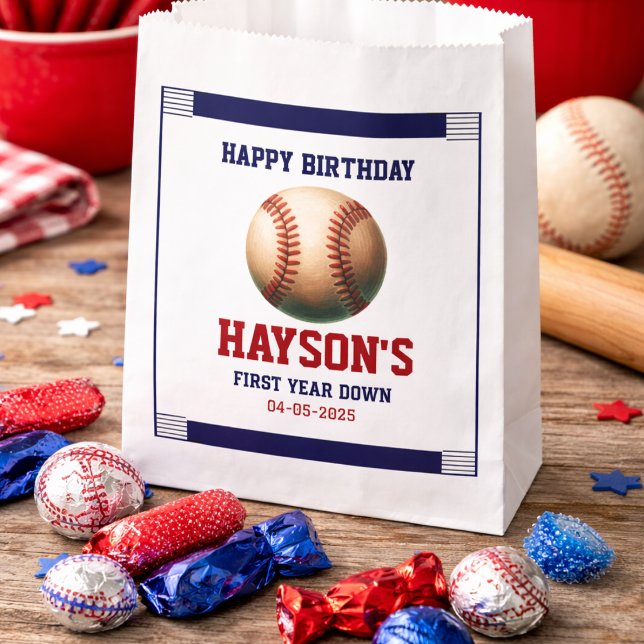 Sacolinha Festa de Aniversário de 1 Ano do First Year Down B (First Year Down Baseball 1st Birthday Party favor bags)
