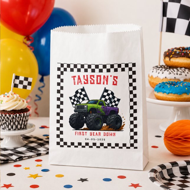 Sacolinha Festa de Aniversário de 1 ano dos Monster Trucks  (Monster Trucks 1st Birthday Party Favor Bag
)