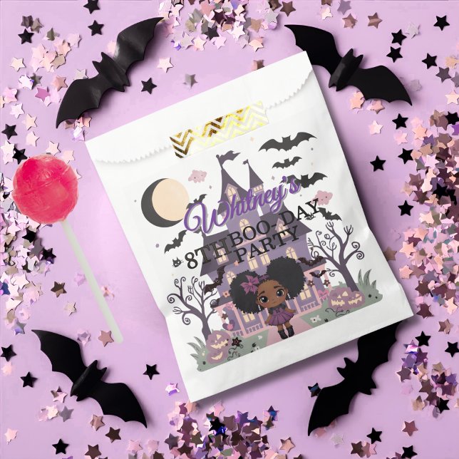 Sacolinha Festa de aniversário de afro-puff Roxo (Spooky Girl Purple afro-puff Birthday Party Favor Bag)