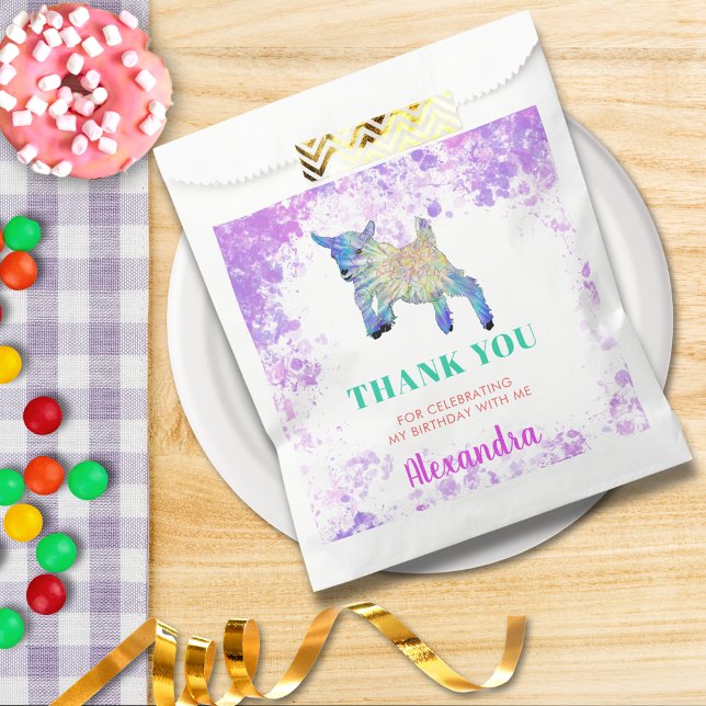 Sacolinha Festa de Aniversário de Cabra Fofa Obrigado (Cute jumping goat farm animal watercolor birthday party thank you favor bag )