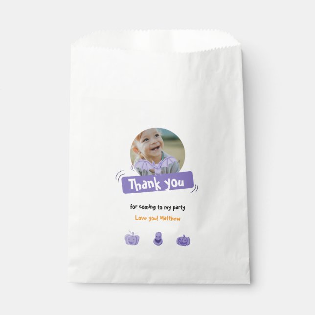 Sacolinha Festa de aniversário de Halloween roxo e laranja o (Frente)