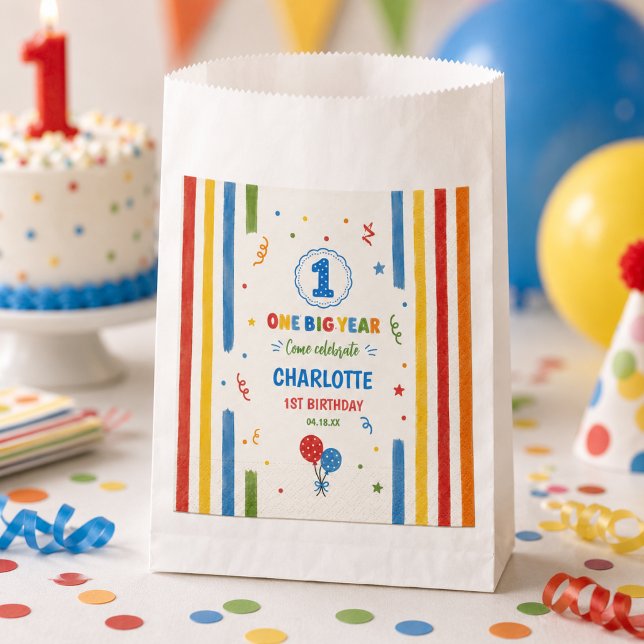 Sacolinha Festa de Aniversário de Um Ano Bold Rainbow (Bold Rainbow One Big Year 1st Birthday party Favor Bag
)