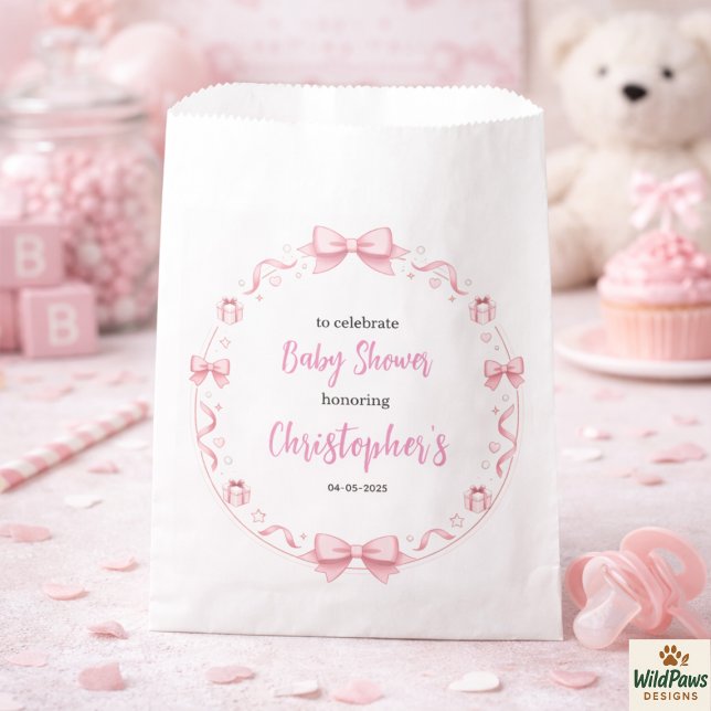Sacolinha Festa de Chá de Bebê Menina com Laço Rosa - Festa  (Pink Bow Girl Baby Shower – Cute & Fun Party Favor Bag
)