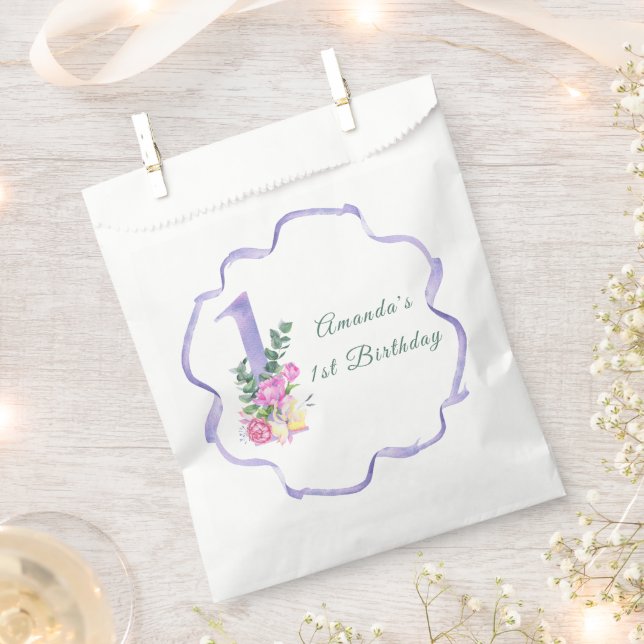 Sacolinha Festa de um ano com flores e laço (Cortado)