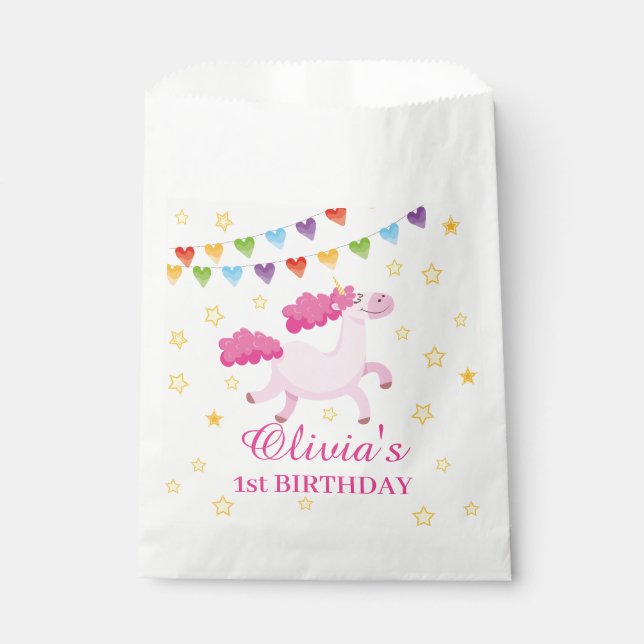 Sacolinha Festa Mágica de Nascimento Cinza do Unicórnio Rosa (Frente)