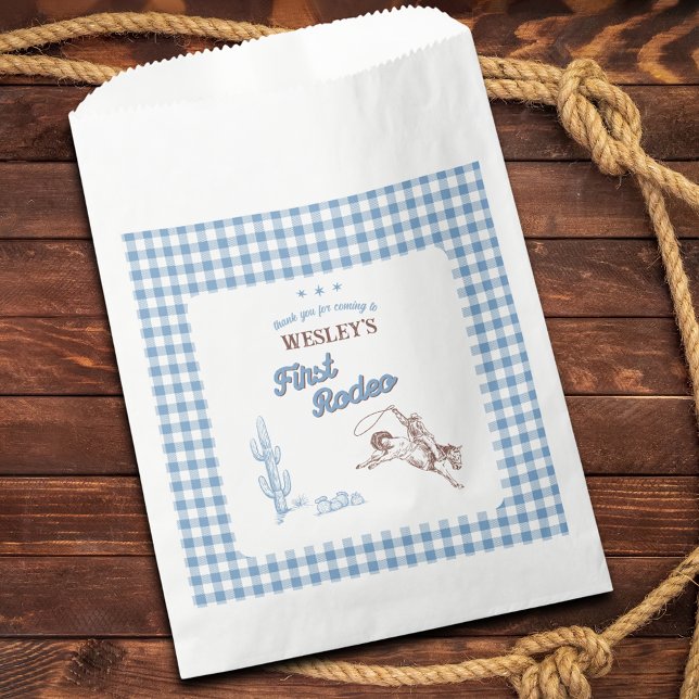 Sacolinha First Rodeo Cowboy Blue Plaid 1st Birthday Party (First Rodeo Cowboy Blue Plaid 1st Birthday Party Favor Bag)