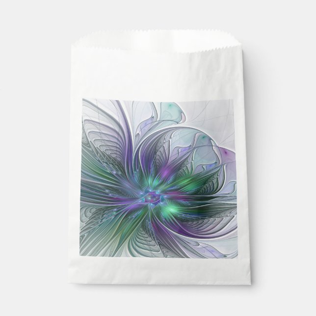 Sacolinha Flor Moderna Arte Abstrata Fractal Roxa Verde (Frente)