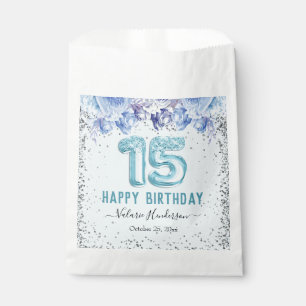 Sacolinha Floral Glitter Azul Claro 15 Feliz Aniversário