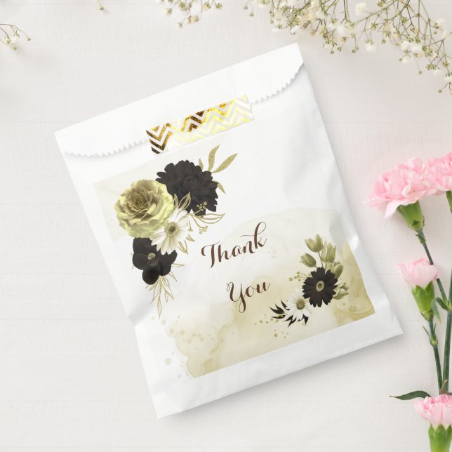 Sacolinha flores de casamento marrons, marfim e douradas (Selado)