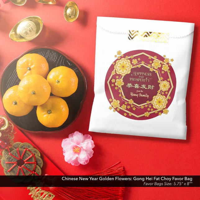 Sacolinha Flores de Ouro Chinesas de Ano Novo: Gong Hei Fat  (Chinese New Year Golden Flowers Favor Bag: Gong Hei Fat Choy, with Red Background.)