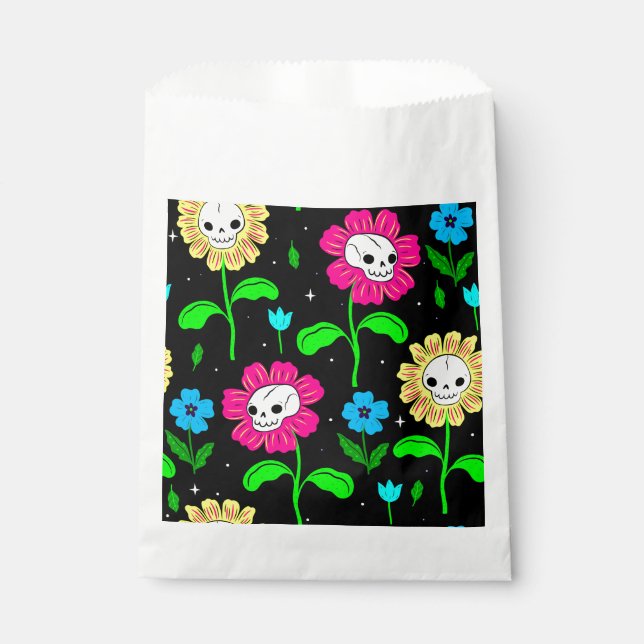 Sacolinha flores do crânio floral de halloween preto (Frente)