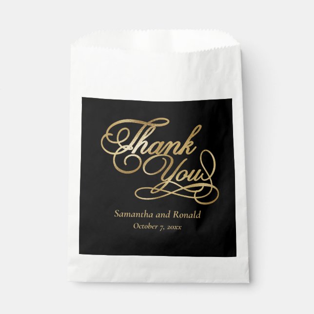 Sacolinha Foil Preta e Ouro Obrigado Casamento de Caligrafia (Frente)