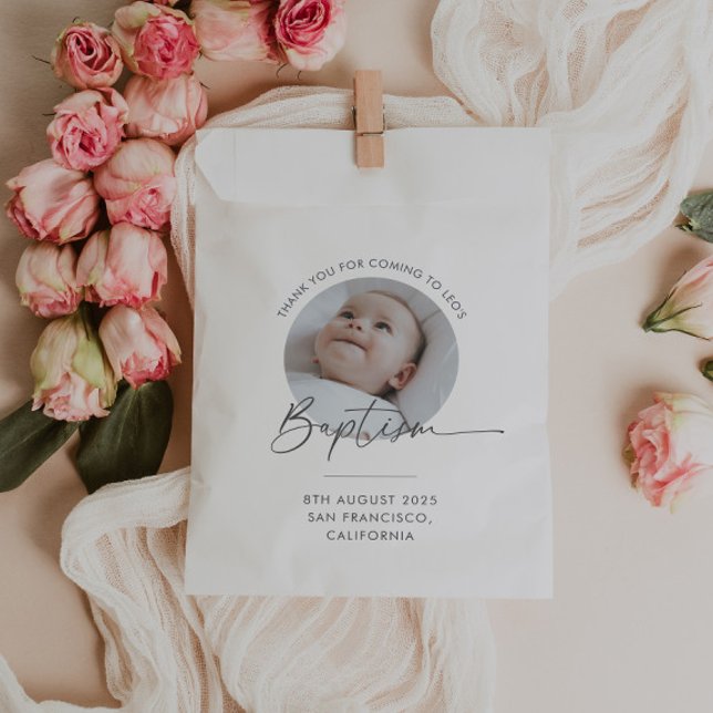 Sacolinha Foto de Batismo Obrigado (Zazzle Baptism Photo Thank You Tag Favor Bag)