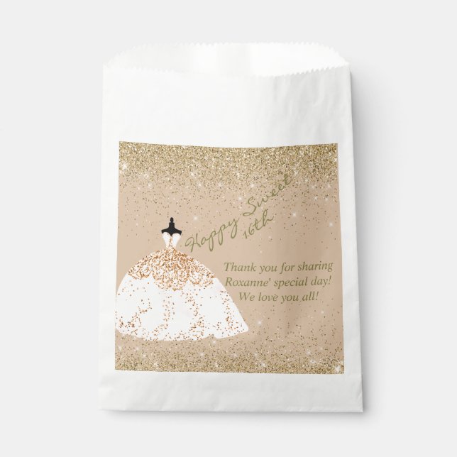 Sacolinha Girly Rosa personalizada Dourada doce 16º aniversá (Frente)