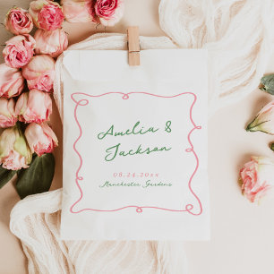 Sacolinha Guardanapos de casamento verde e rosa desenhados à