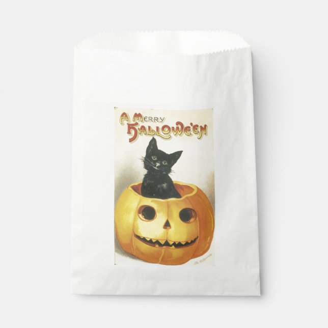 Sacolinha Halloween antigo, gato preto na abóbora (Frente)