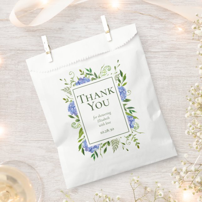 Sacolinha Hortênsias Azuis Chá de Bebê de Noiva Obrigada (Cortado)