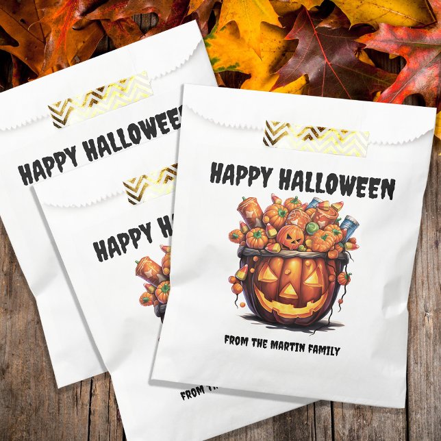 Sacolinha Jack o Lantern Assustador Feliz Halloween  (Creepy Jack o' Lantern "Happy Halloween" treat bags for all your neighborhood trick-or-treaters.  )